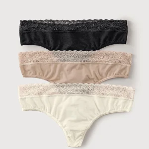 Lot de 3 strings en coton stretch avec détail en dentelle