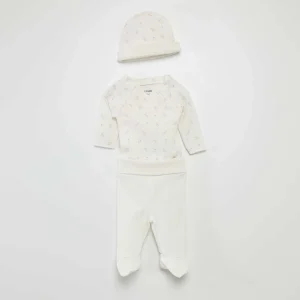 Ensemble body + pantalon avec pieds + bonnet Blanc 'poussin'