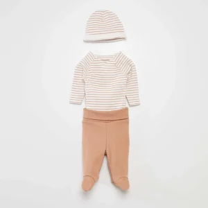 Ensemble body + pantalon avec pieds + bonnet Blanc 'rayé'