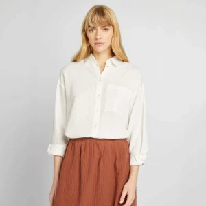 Chemisier long avec poche poitrine avec 20% de lin BLANC