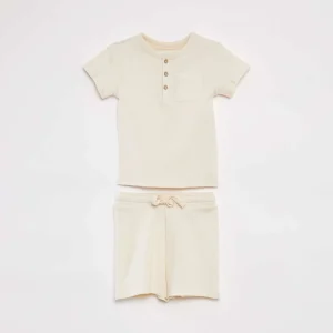 Ensemble pyjama court t-shirt + short en maille gaufrée - 2 pièces BLANC