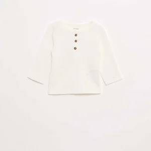 T-shirt col tunisien en maille gaufrée BLANC