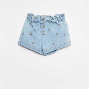 Short paperbag avec broderies et liens à nouer à la taille BLEU