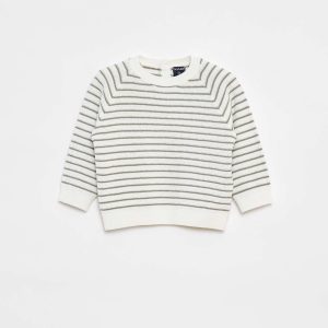 Pull rayé avec ouverture boutonnée au dos BLANC