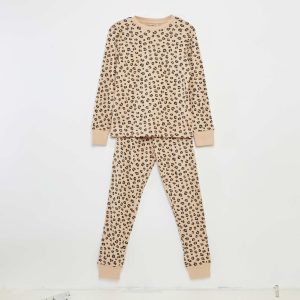 Pyjama long t-shirt + pantalon à motif - 2 pièces MARRON