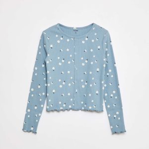 T-shirt côtelé à fleurs BLEU CLAIR