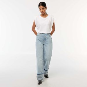 Jean regular / taille haute avec large revers à la base BLEU