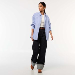 Jean regular / taille haute avec large revers à la base BLEU