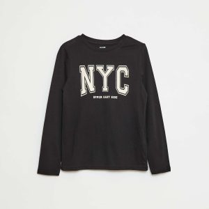 T-shirt imprimé fantaisie à manches longues NOIR