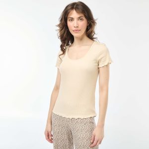 T-shirt uni en maille côtelé manches courtes BLANC