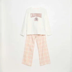 Ensemble pyjama long en polaire t-shirt + pantalon - 2 pièces BLANC