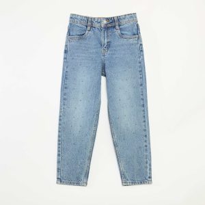 Pantalon denim mom fit avec strass BLEU