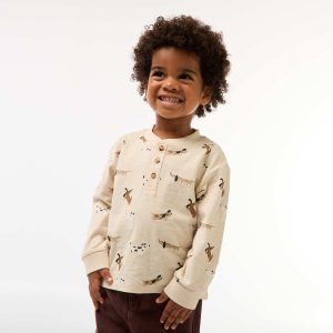 T-shirt à col boutonné imprimé BEIGE