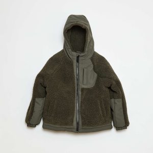 Blouson à capuche bi-matière effet moutonné VERT