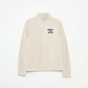 Sous pull avec broderie en coton uni BEIGE