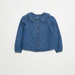 Blouse en denim avec col claudine BLEU