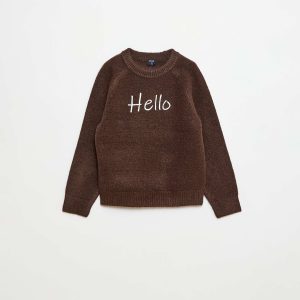 Pull col rond animé MARRON