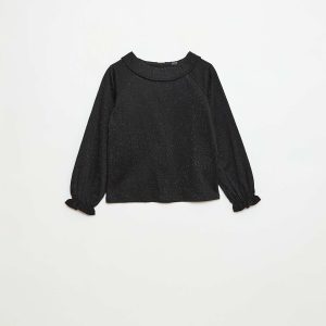 T-shirt à collerette en maille gaufrée à paillette NOIR
