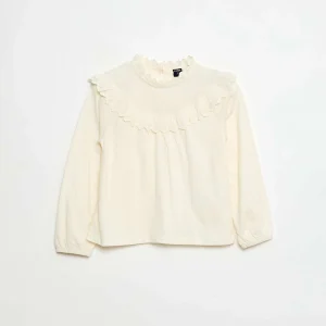 Blouse manches longues col rond avec plastron volanté avec broderies BLANC
