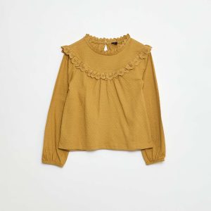 Blouse manches longues col rond avec plastron volanté avec broderies BEIGE