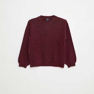 Pull en maille uni à col rond ROUGE