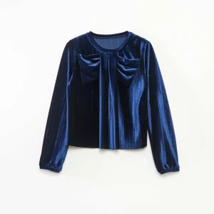 Haut en maille velvet côtelé avec nœud uni BLEU