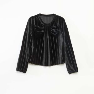 Haut en maille velvet côtelé avec nœud uni NOIR