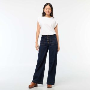 Pantalon denim wide uni BLEU