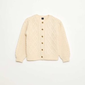Gilet en maille torsadée avec ouverture boutonnée BLANC