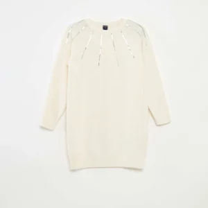 Robe mi-longue en maille avec sequins BLANC