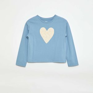 T-shirt manches longues avec animation brodée devant BLEU