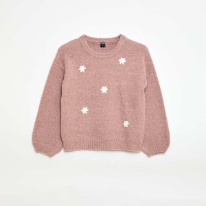 Pull à broderies fleurs ROSE