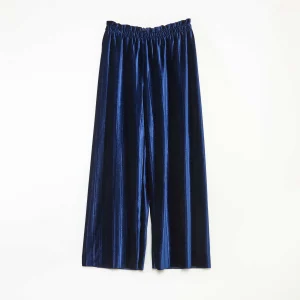 Pantalon large wide leg en maille velvet côtelé BLEU