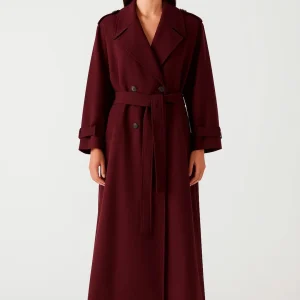 Manteau Femme | Long Croisé Ceinturé | Élégant au Style Bordeaux pour Hiver