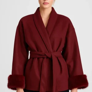 Veste Femme | Ceinturée Manches Fourrure | Style Élégant pour Hiver