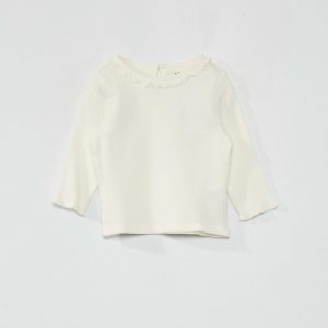 T-shirt en maille côtelée col volanté blanc