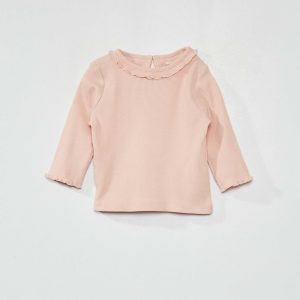 T-shirt en maille côtelée col volanté Rose