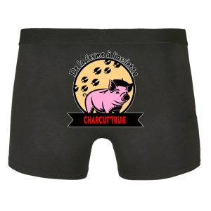 1 CALEÇON BY132 M NOIR + 1 BOXER JC088 FEMME NOIR M PERSONNALISÉS LOGO CHARCUT TRUIE