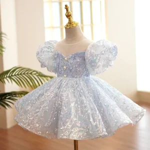 Robe de bal princesse courte paillette bleue